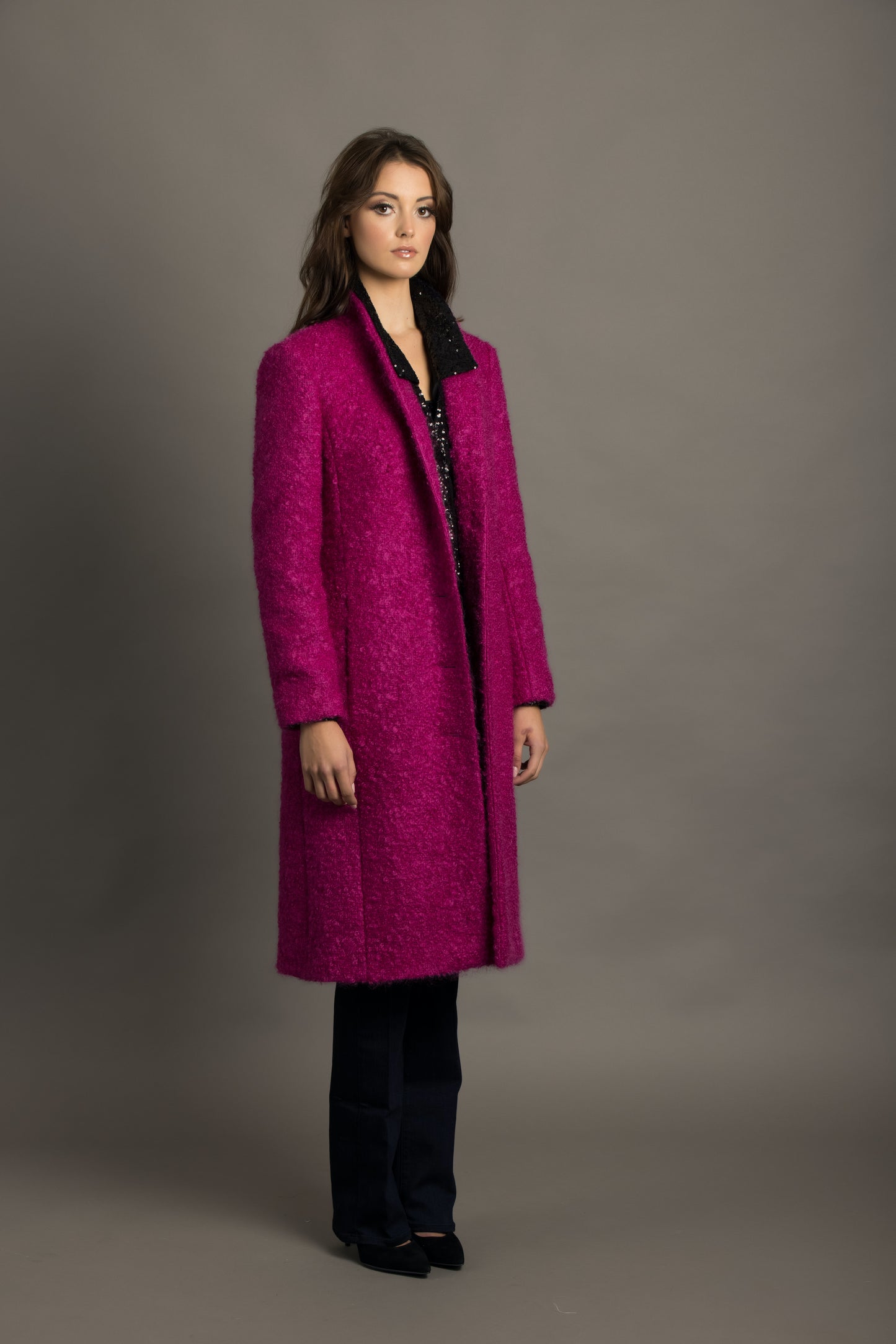 Pink Boucle Wool-Ladies single breasted coat.