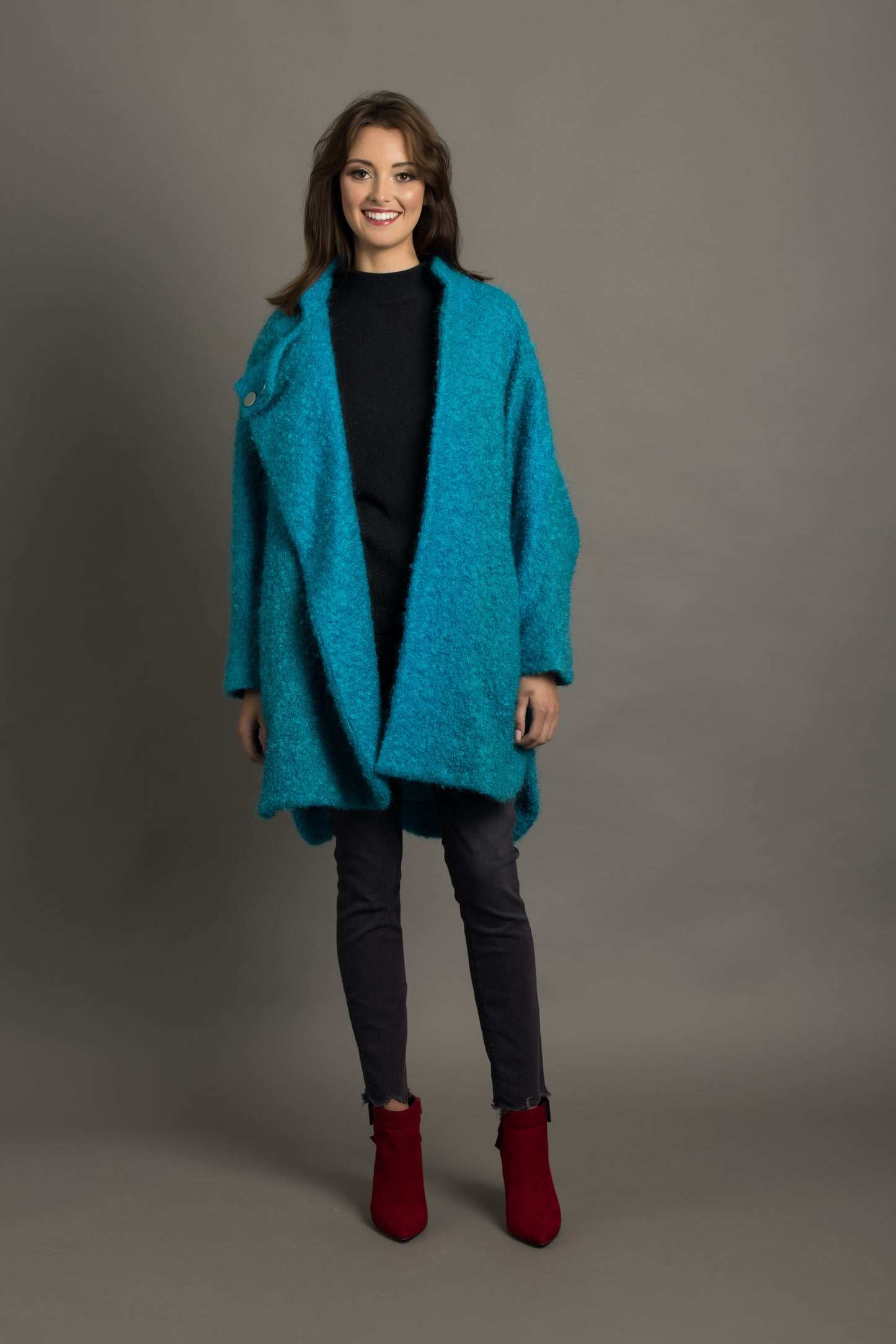Turquoise Boucle Wool-Ladies cape coat.