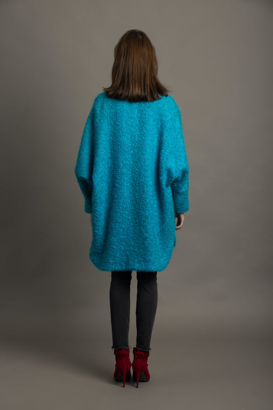 Turquoise Boucle Wool-Ladies cape coat.